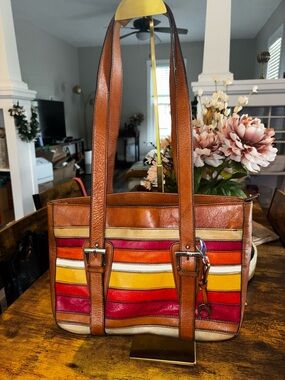 Etienne Aigner Striped Leather Tote Shoulder Bag Brown Multicolor
